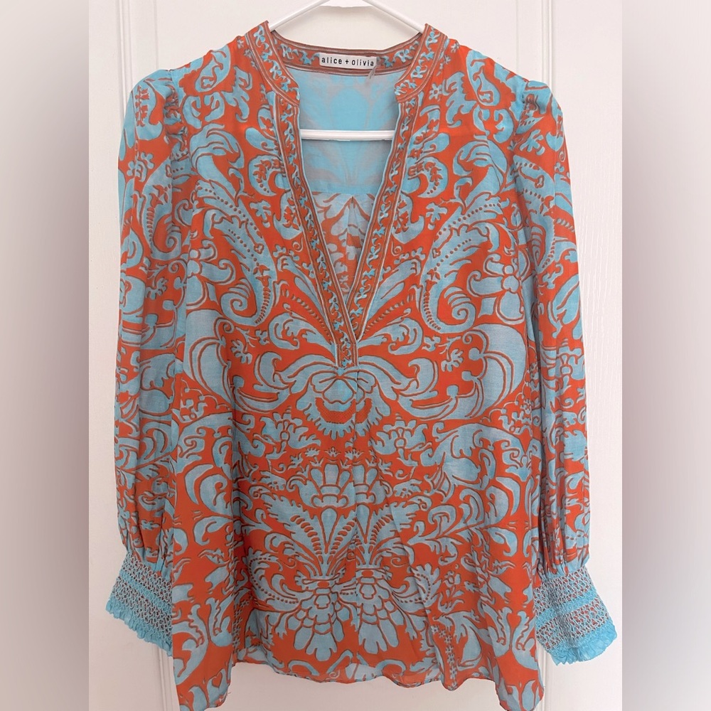 Alice + Olivia Sheila Silk-Blend Henley Top Size L